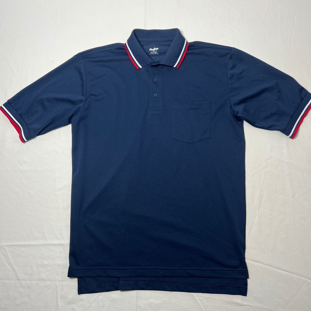 Rawlings Mens Polo Shirt Navy Blue Short Sleeve Striped Trim Chest Pocket Size M